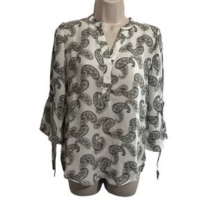 41 Hawthorne Women's V-Neck Blouse Size XS Ivory Paisley Pattern 3/4 Sleeve